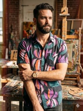 Purple Tropical Print Short Sleeve Button Shirt with Red & Teal Accents Medium